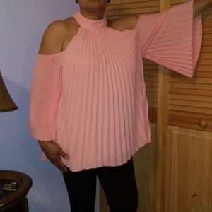 Pink pleated cold shoulder blouse
